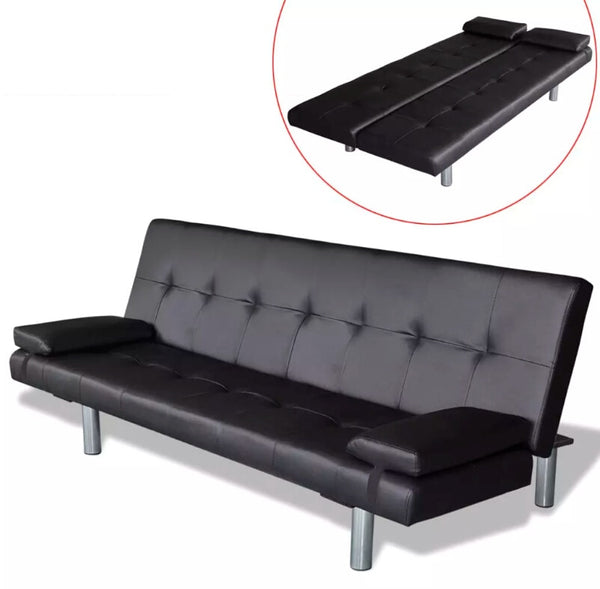 VidaXL Versatile Sofa Bed Two Pillows Black Synthetic Leather And Wooden Frame Sturdy Living Room Sofa Home Furniture