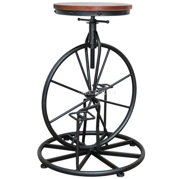 Antique European Style Bicycle Design Bar Chair 67-80CM Height Iron Solid Wood High Footstool Rotatable Swivel Barstool Chair