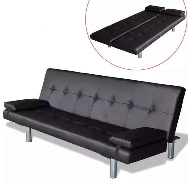 VidaXL Versatile Sofa Bed Two Pillows Black Synthetic Leather And Wooden Frame Sturdy Living Room Sofa Home Furniture